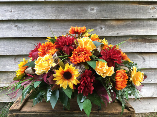 Fall Cemetery Saddle: Burgundy Chrysanthemums, Sunflowers, Burlap Ribbon